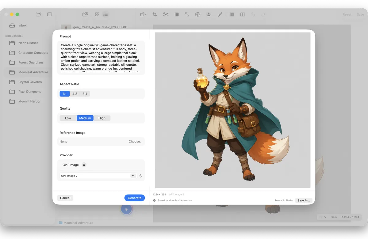 SpriteArk AI image generation dialog with prompt, provider controls, and a generated preview