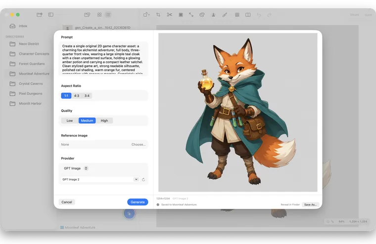 SpriteArk image generation interface with a prompt, model options, and generated result