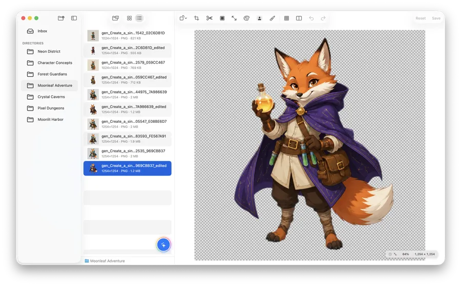 SpriteArk workspace showing project folders, asset thumbnails, and a fox character in the image editor.