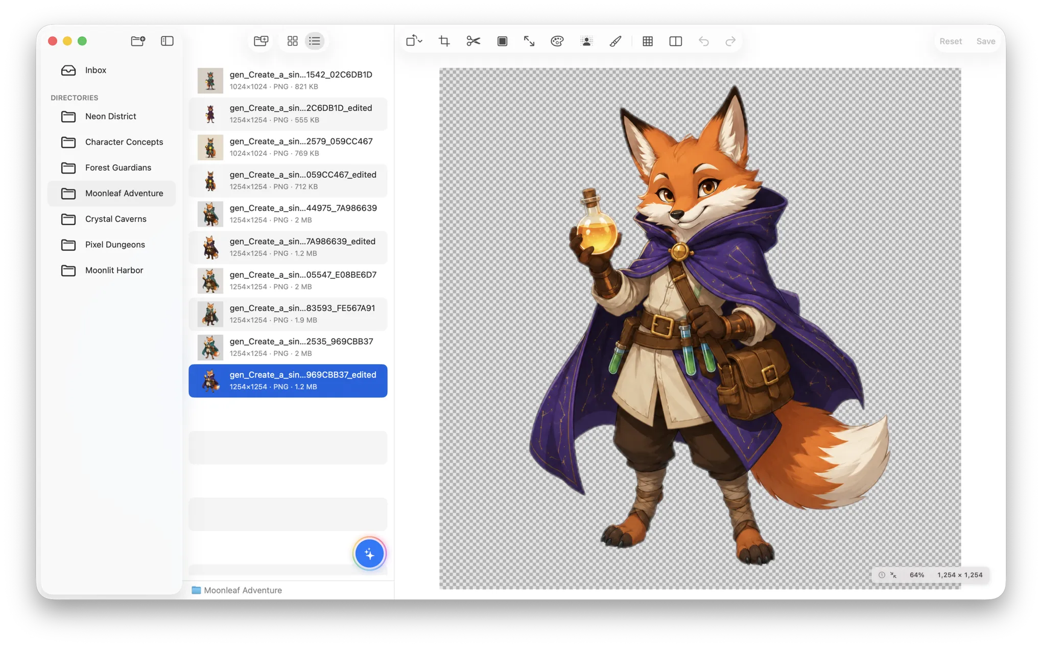 SpriteArk workspace with project folders, an asset browser, and an image editor