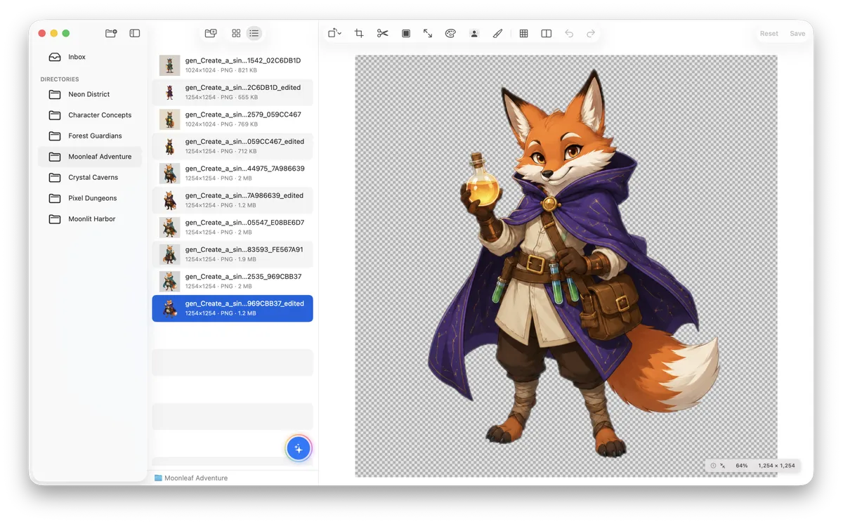 SpriteArk workspace with project folders, game art assets, and a fox character on a transparent background