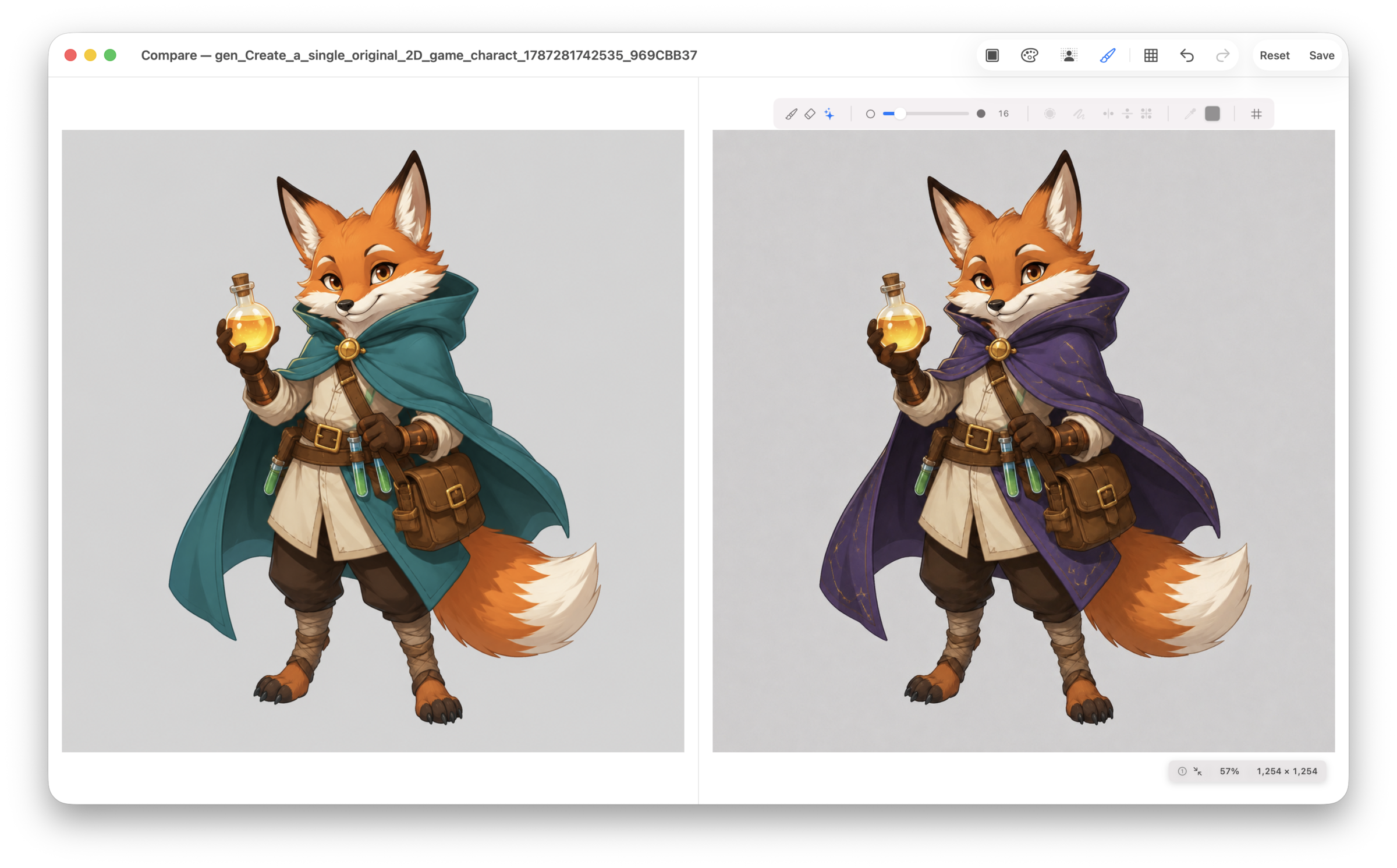 SpriteArk inpainting comparison showing a fox character before and after refinement