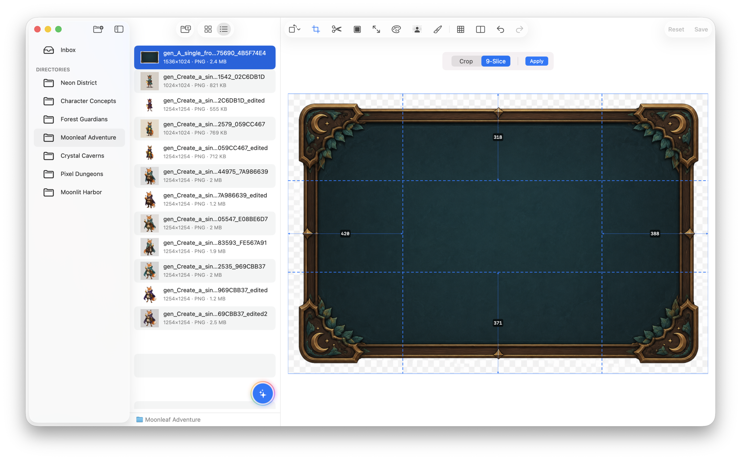 SpriteArk 9-slice editor showing guides over a game UI panel