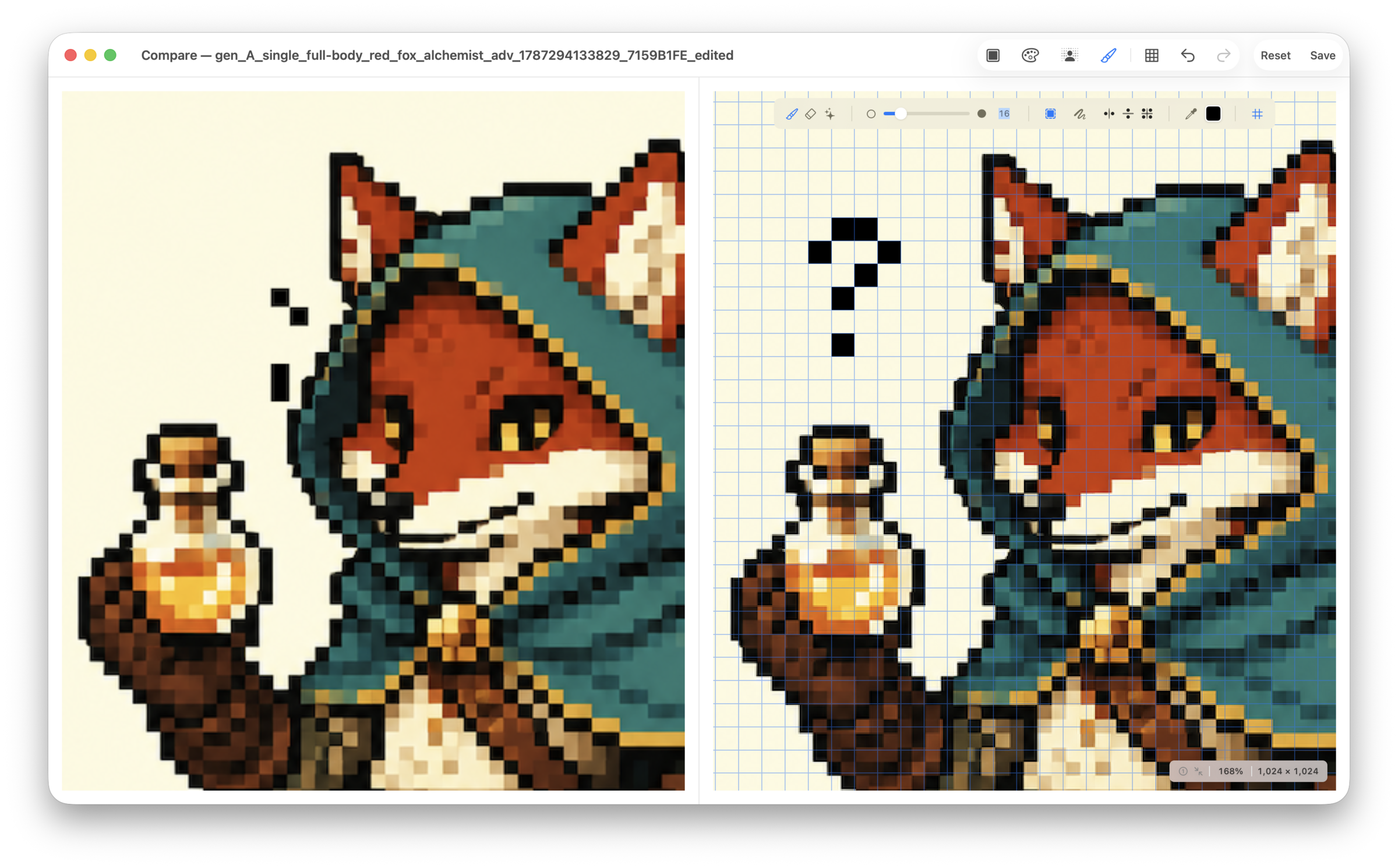 SpriteArk pixel mode showing a pixel-art fox before and after editing on a grid