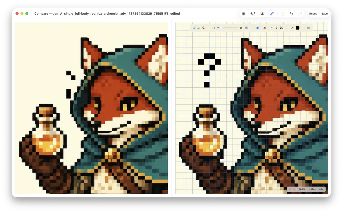 SpriteArk pixel mode showing a pixel-art fox before and after editing on a grid