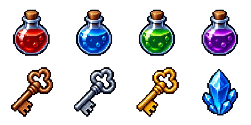 AI-generated transparent sprite sheet with four potions, three keys, and a blue crystal in four columns and two rows